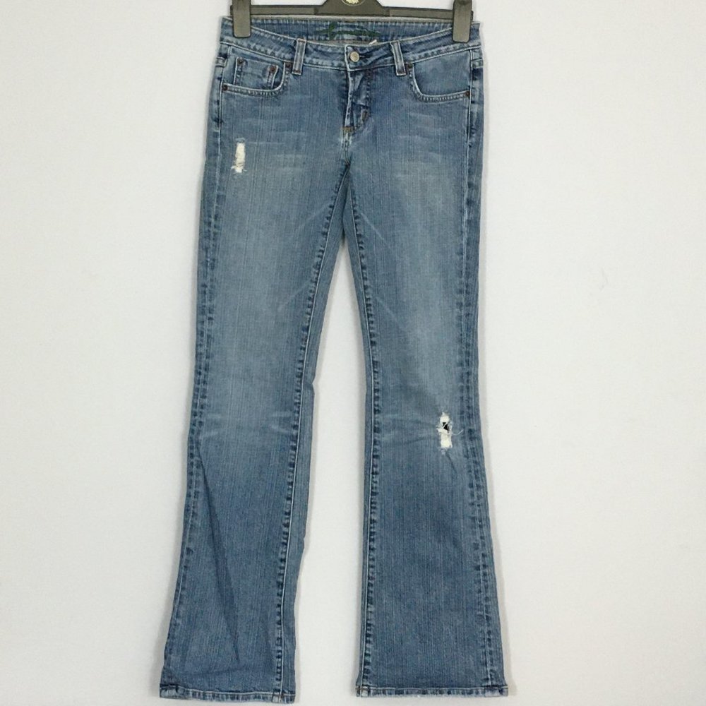 Bebe Womens 28 Distressed Rhinestone Medium Wash Low Rise Flare Leg Blue Jeans